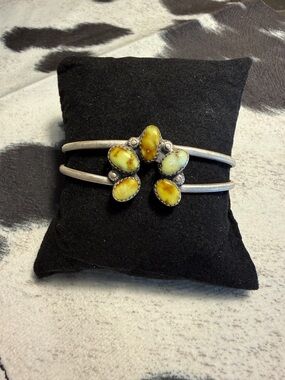 Sterling-Style Yellow Stone Double-Band Cuff Bracelet
